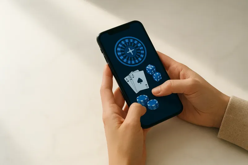 Close-up hands holding smartphone with casino app on marble surface
