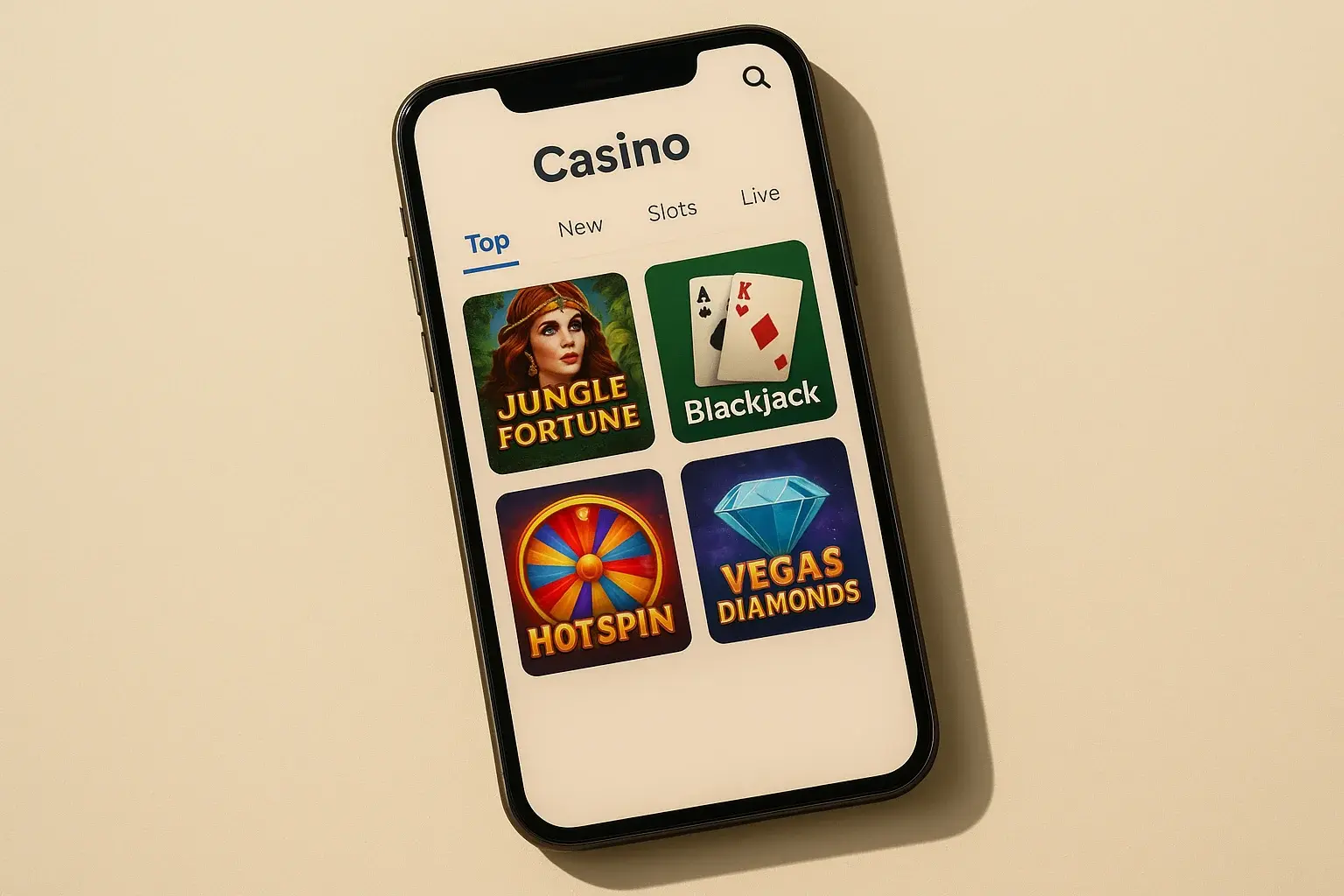 Angled smartphone showing light-themed casino app interface on cream background