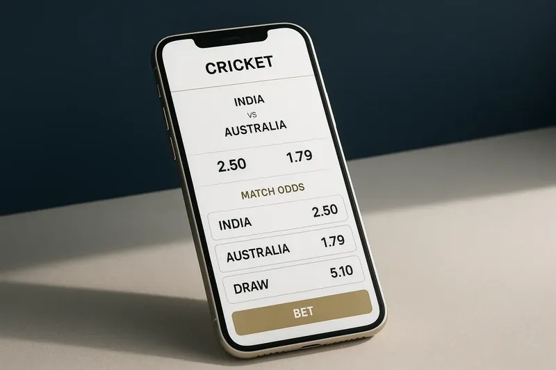 Modern phone mockup showing cricket match betting odds in white and gold UI