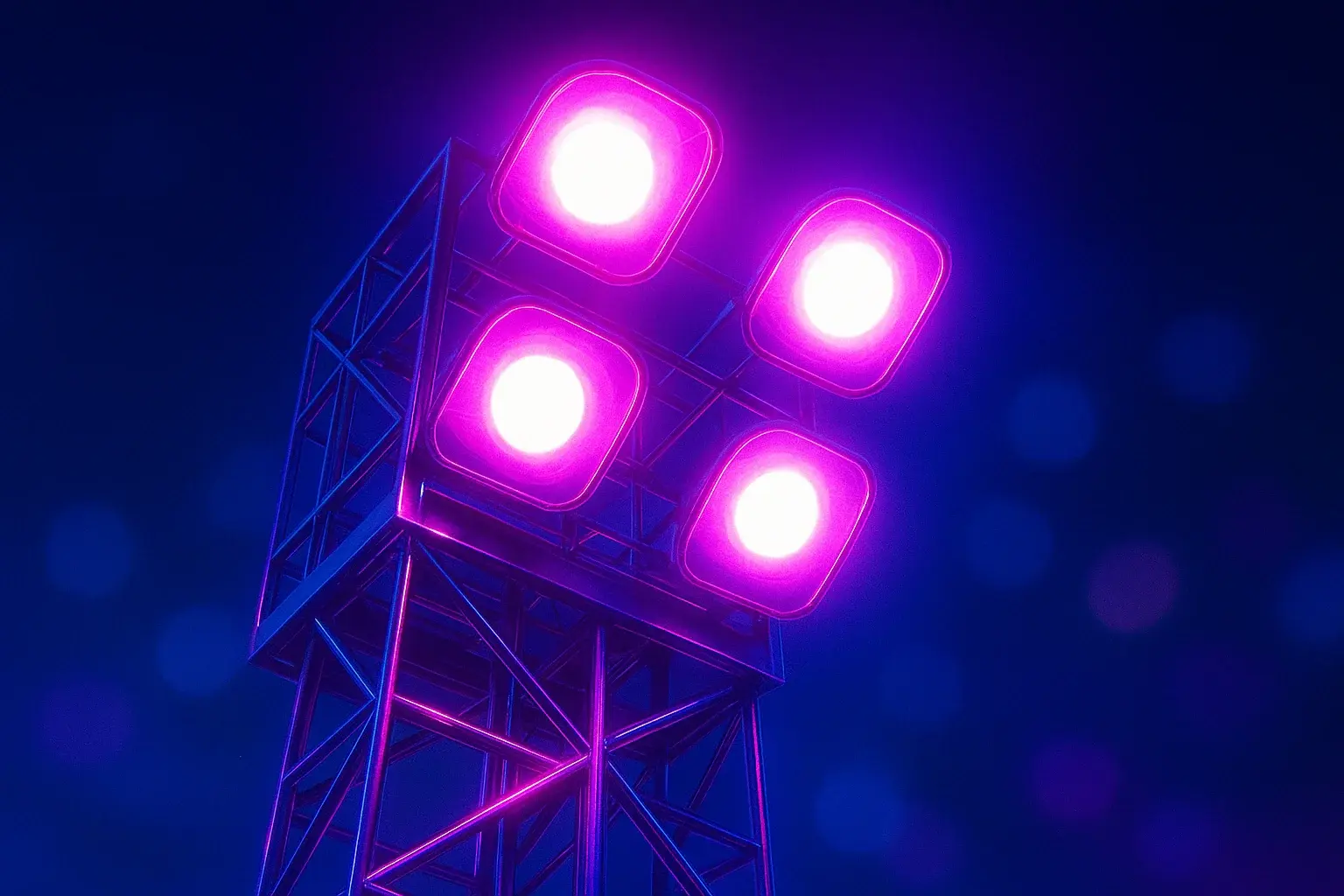 Looking up at four bright stadium floodlights through metal structure at dusk
