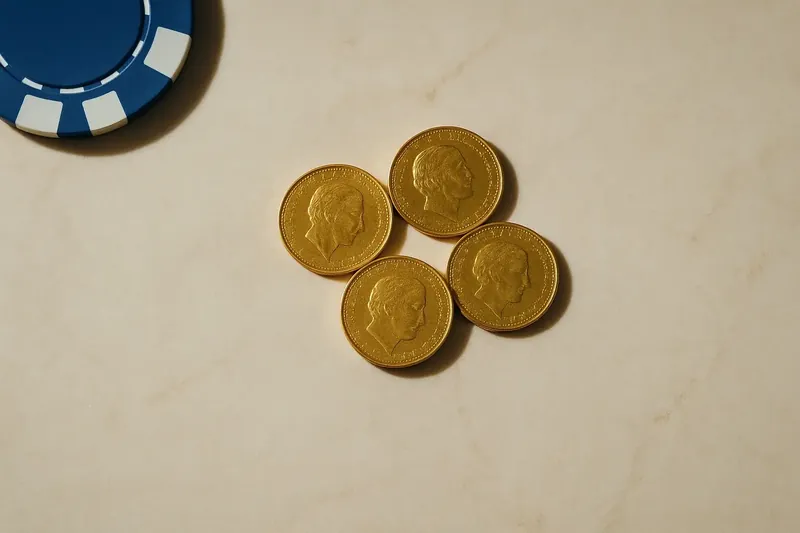 Five gold coins on cream marble with poker chip edge