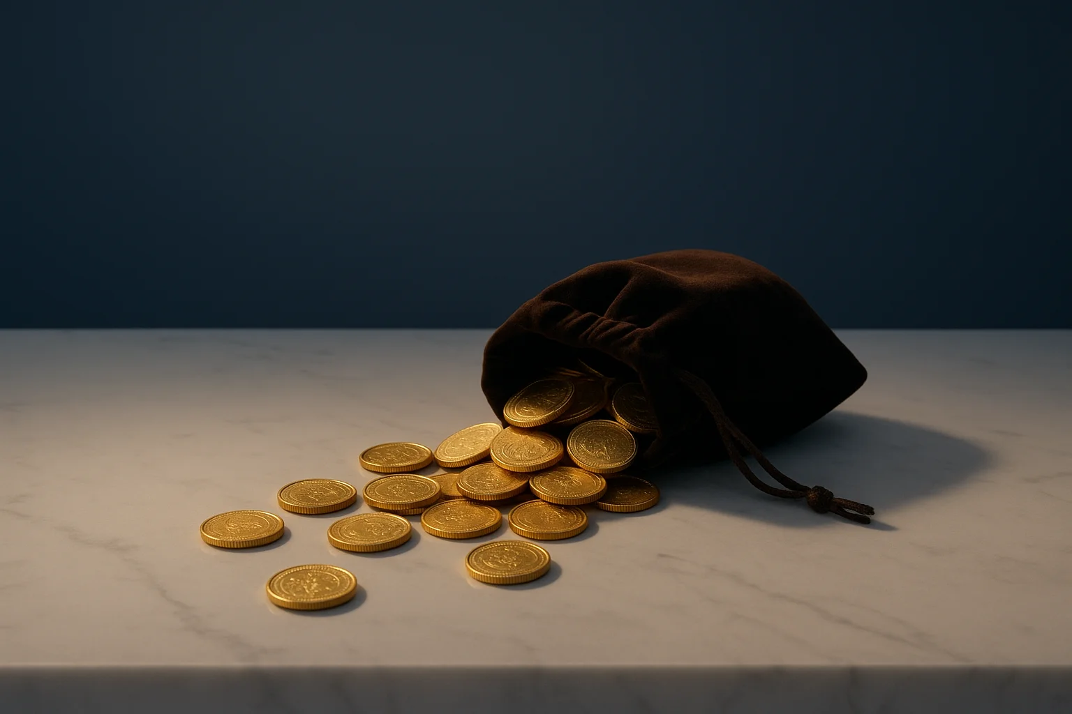 Golden coins spilling from velvet pouch onto white marble surface
