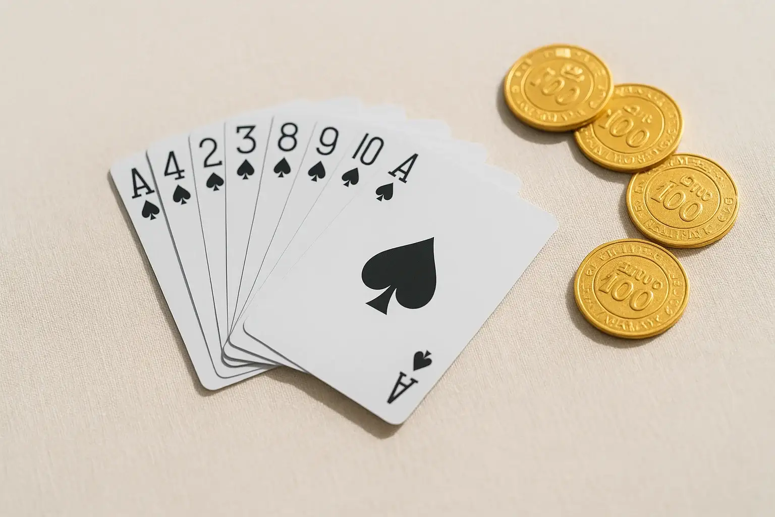 Playing cards fanned on cream linen with gold casino chips in soft light