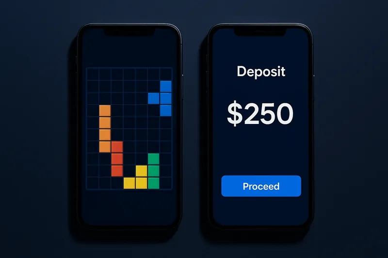 Two smartphones on cream background showing game grid and deposit screen