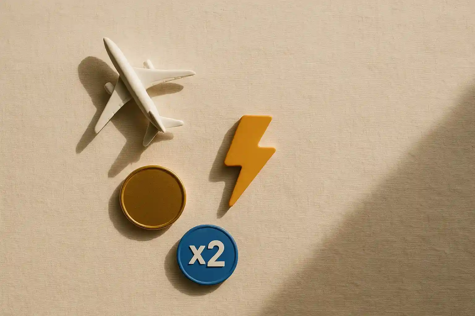 Overhead flat-lay of airplane figurine, gold coin, lightning token, multiplier badge