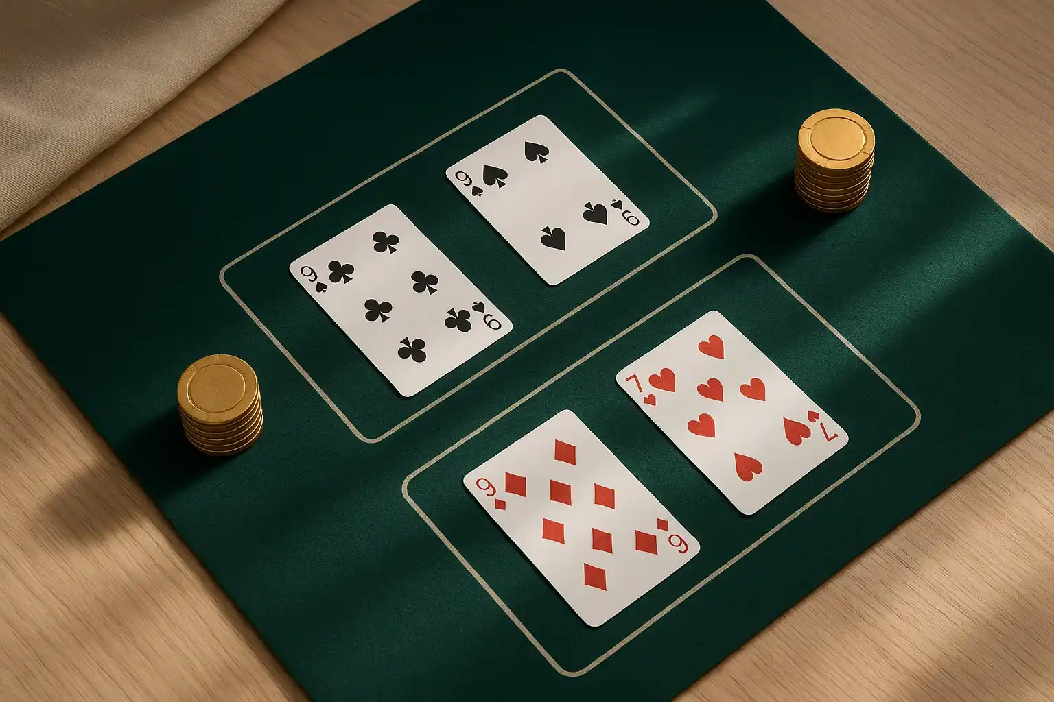 Overhead live baccarat table with gold chip towers and geometric shadows