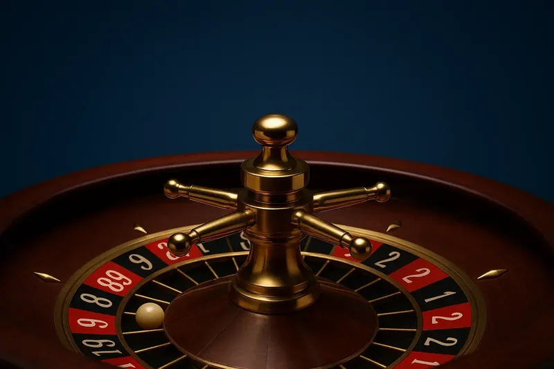 Overhead close-up of roulette wheel rotor with ball pockets and gold accents