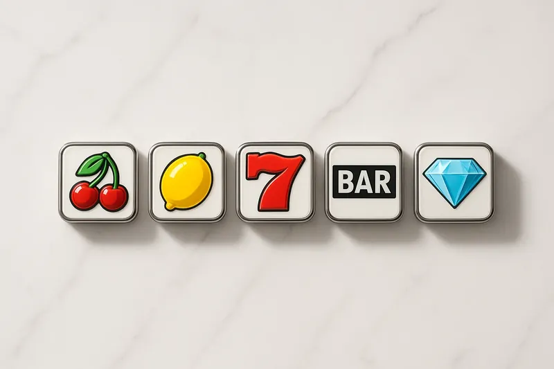 Five polished slot symbols in a row on white marble