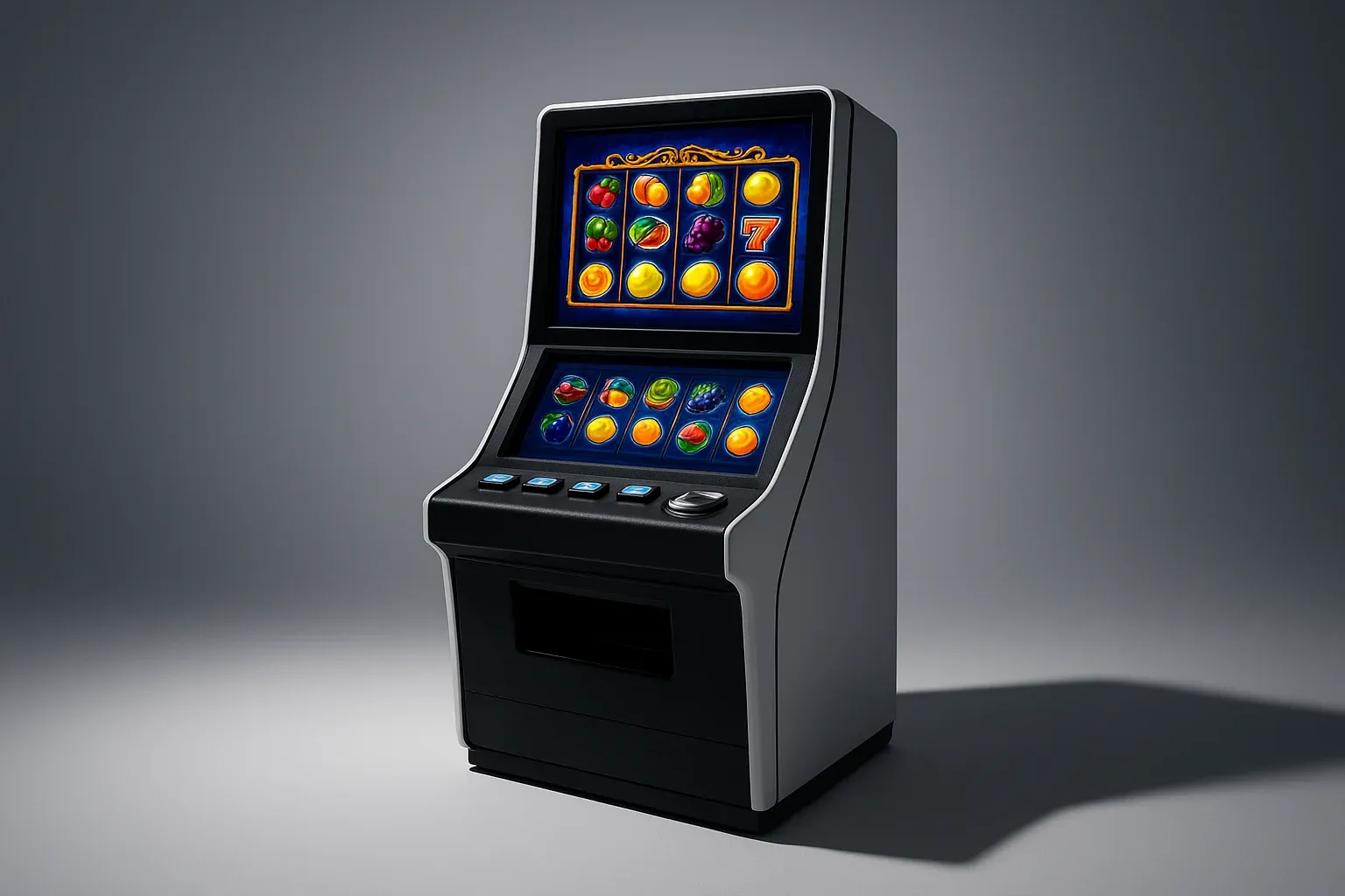 Clean white studio shot of slot machine terminal with vibrant game screen